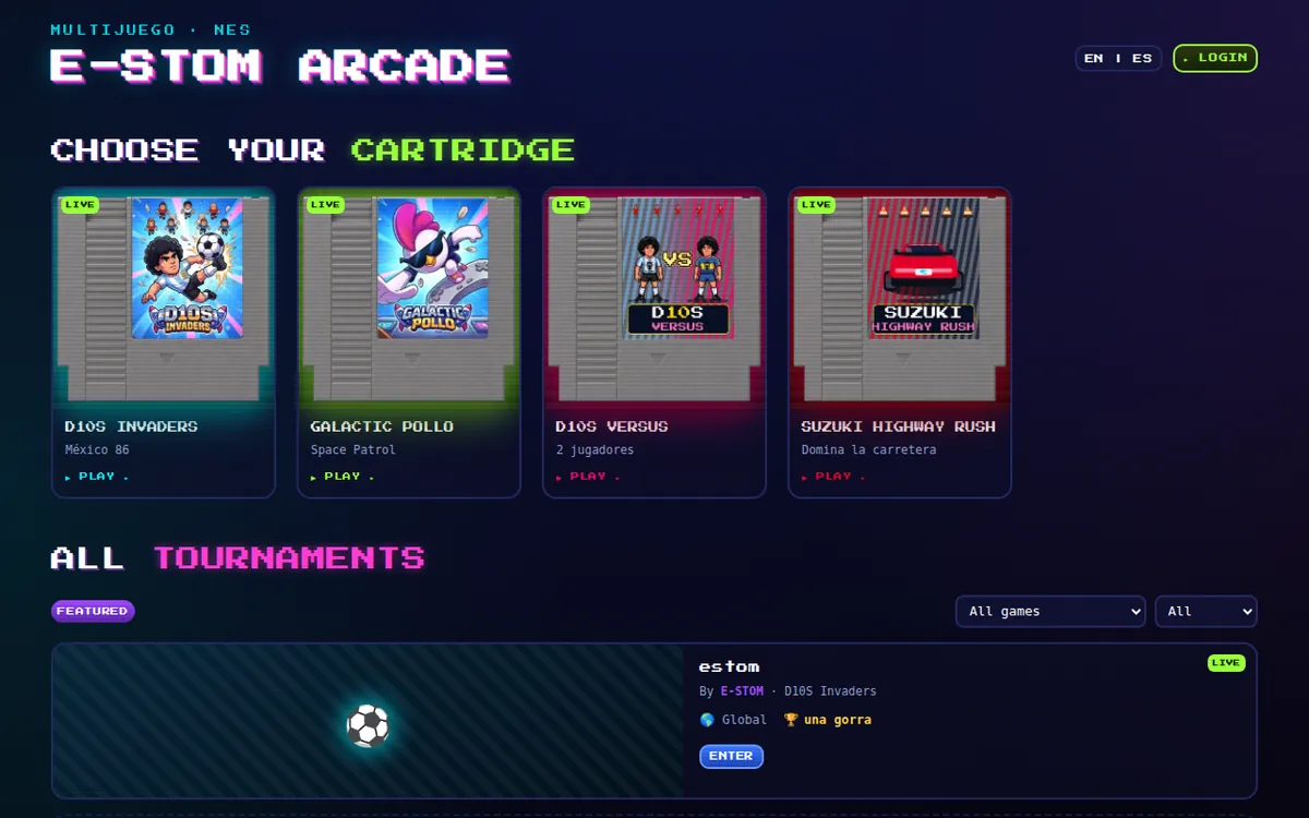 The estom.mx arcade hub home page with its four cartridges