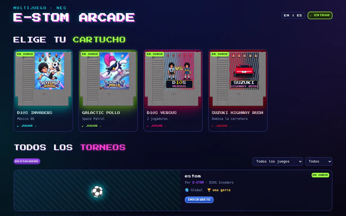 Portada del hub arcade estom.mx con sus cuatro cartuchos